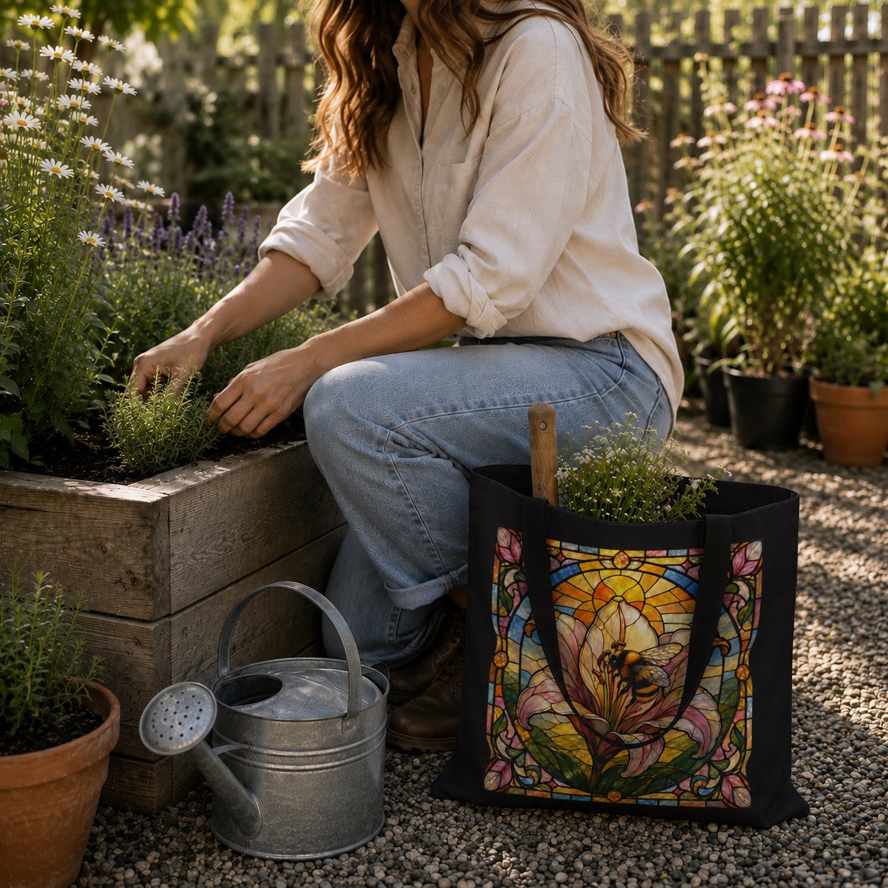Colorful Art Nouveau Lily And Bee Design Tote Bag | Black Floral Stained Glass Pattern | Boho Eco Friendly Book Bag | Grocery Canvas Tote Bag
