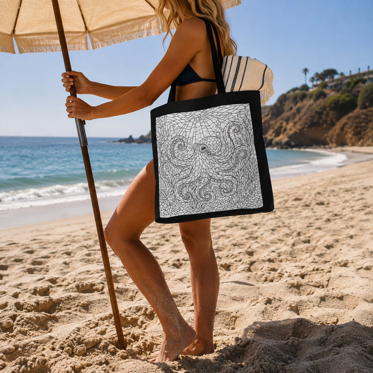 Intricate Octopus Line Art Tote Bag | Black Canvas Ocean Illustration | Stained Glass Coloring Design | Paint Party Tote Bags