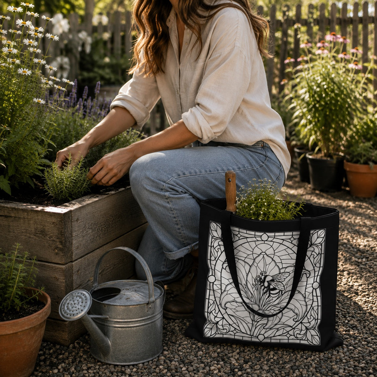 Art Nouveau Lily And Bee Color Your Own Tote Bag | Black Floral Stained Glass Pattern | Boho Eco Friendly Book Bag | Paint Party Canvas Tote Bags