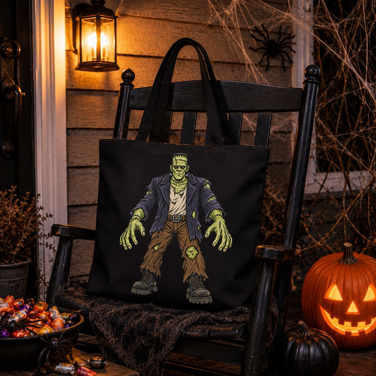 Frankenstein's Monster Halloween Canvas Tote Bag | Trick Or Treat Candy Tote | Vintage Monster Collection Gothic Bag