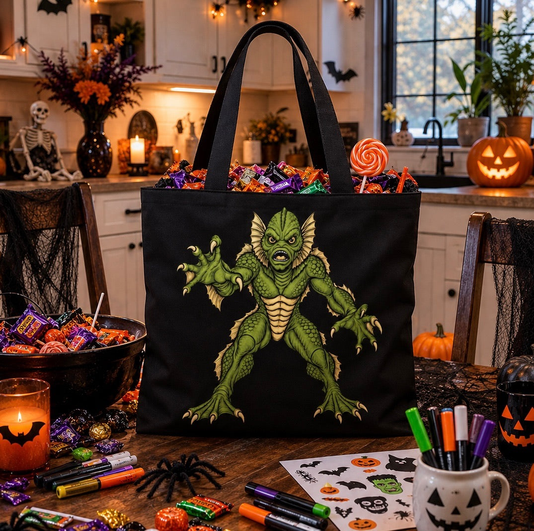Vintage Swamp Creature Halloween Canvas Tote Bag | Trick Or Treat Candy Bag | Retro Goth Fall Accessory | Vintage Monster Collection