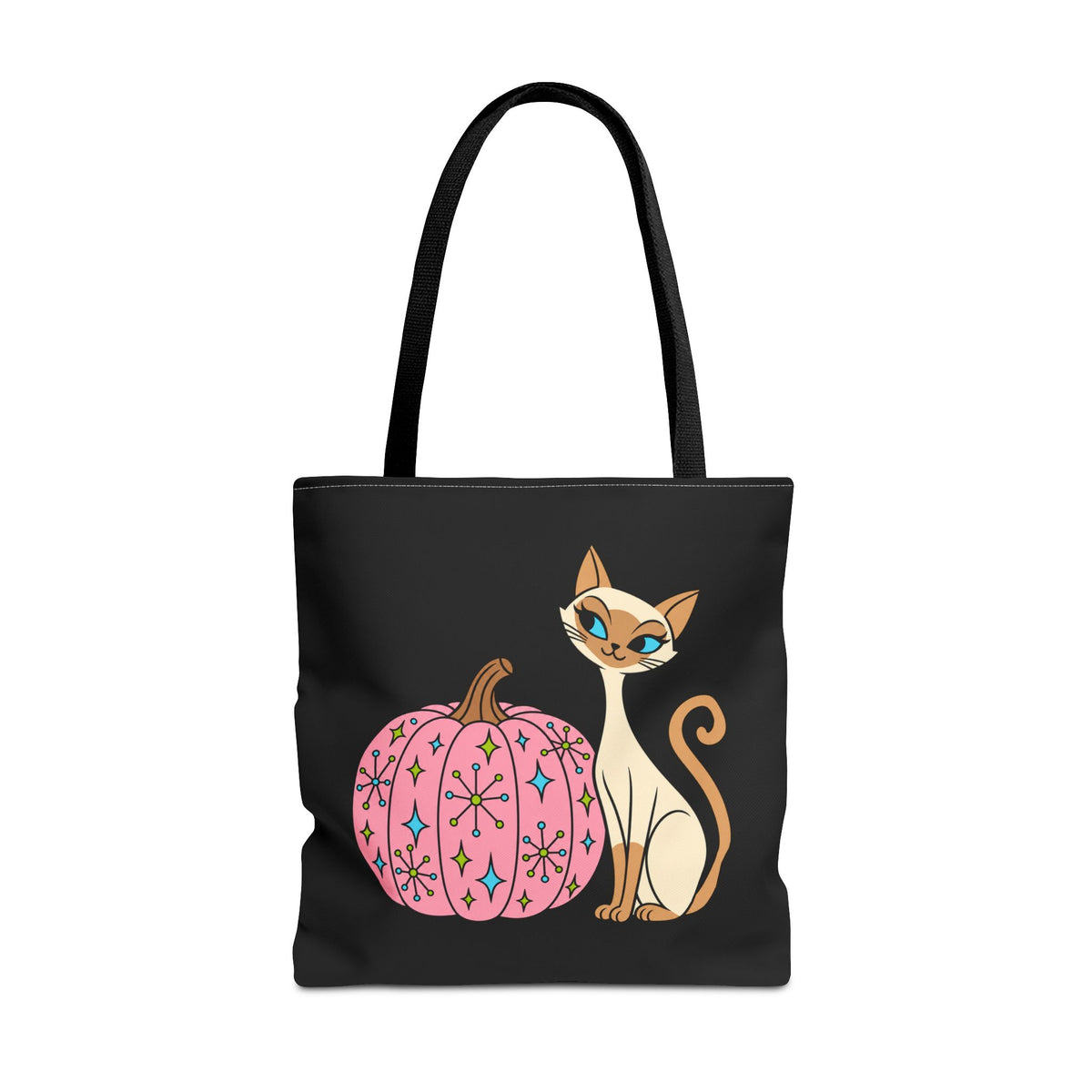 Mid Century Pink Pumpkin and Siamese Cat Canvas Tote Bag | Halloween Candy Trick Or Treat Bag | Halloween Autumn Costume Accessory