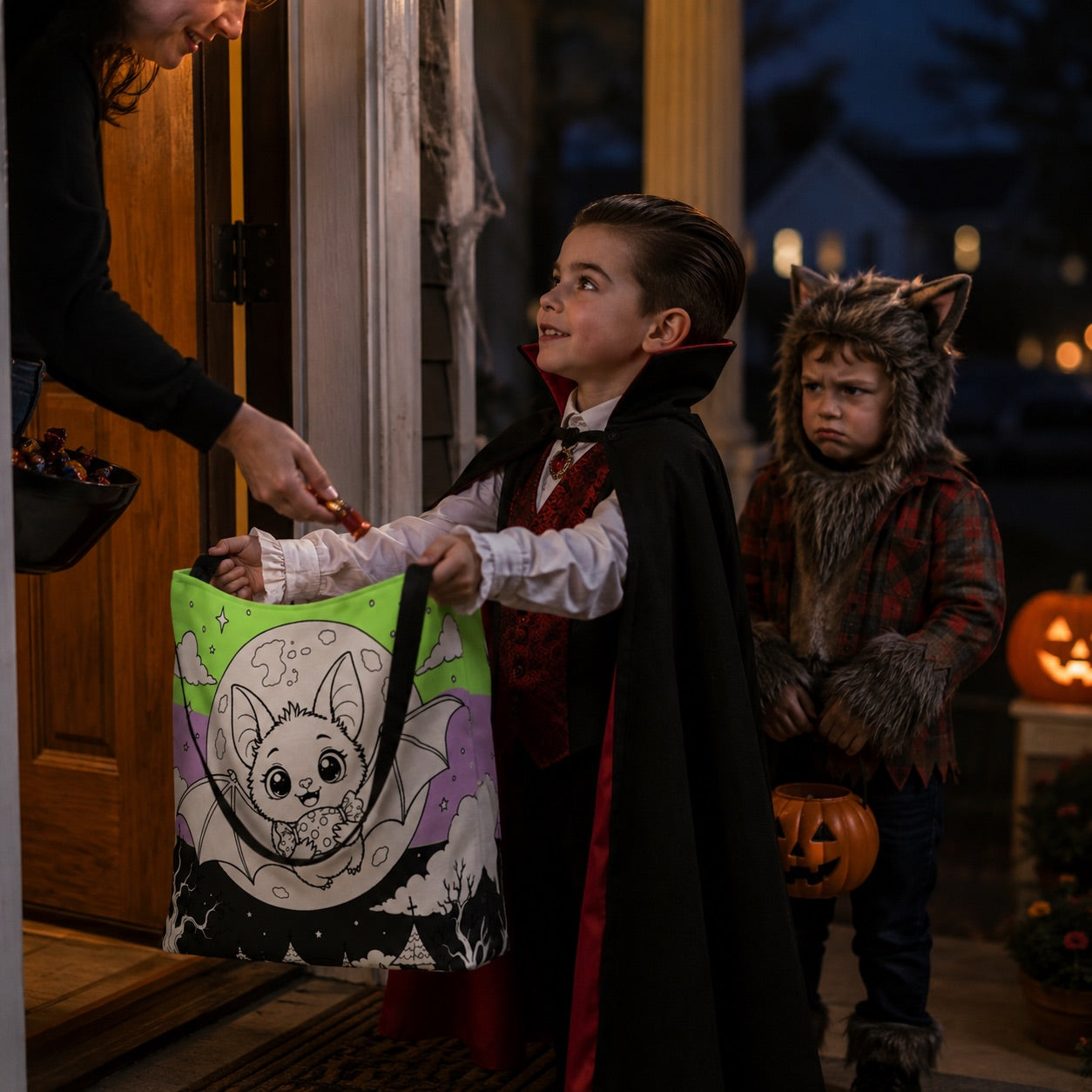 Halloween Candy Bag | Pastel Goth Craft Tote | Paint Party Supply | Kawaii Baby Bat Moon | Lime Lavendar Charcoal