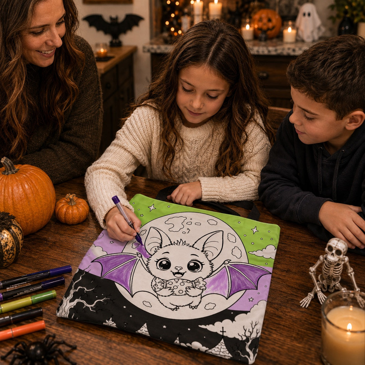 Halloween Candy Bag | Pastel Goth Craft Tote | Paint Party Supply | Kawaii Baby Bat Moon | Lime Lavendar Charcoal