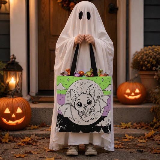 Halloween Candy Bag | Pastel Goth Craft Tote | Paint Party Supply | Kawaii Baby Bat Moon | Lime Lavendar Charcoal