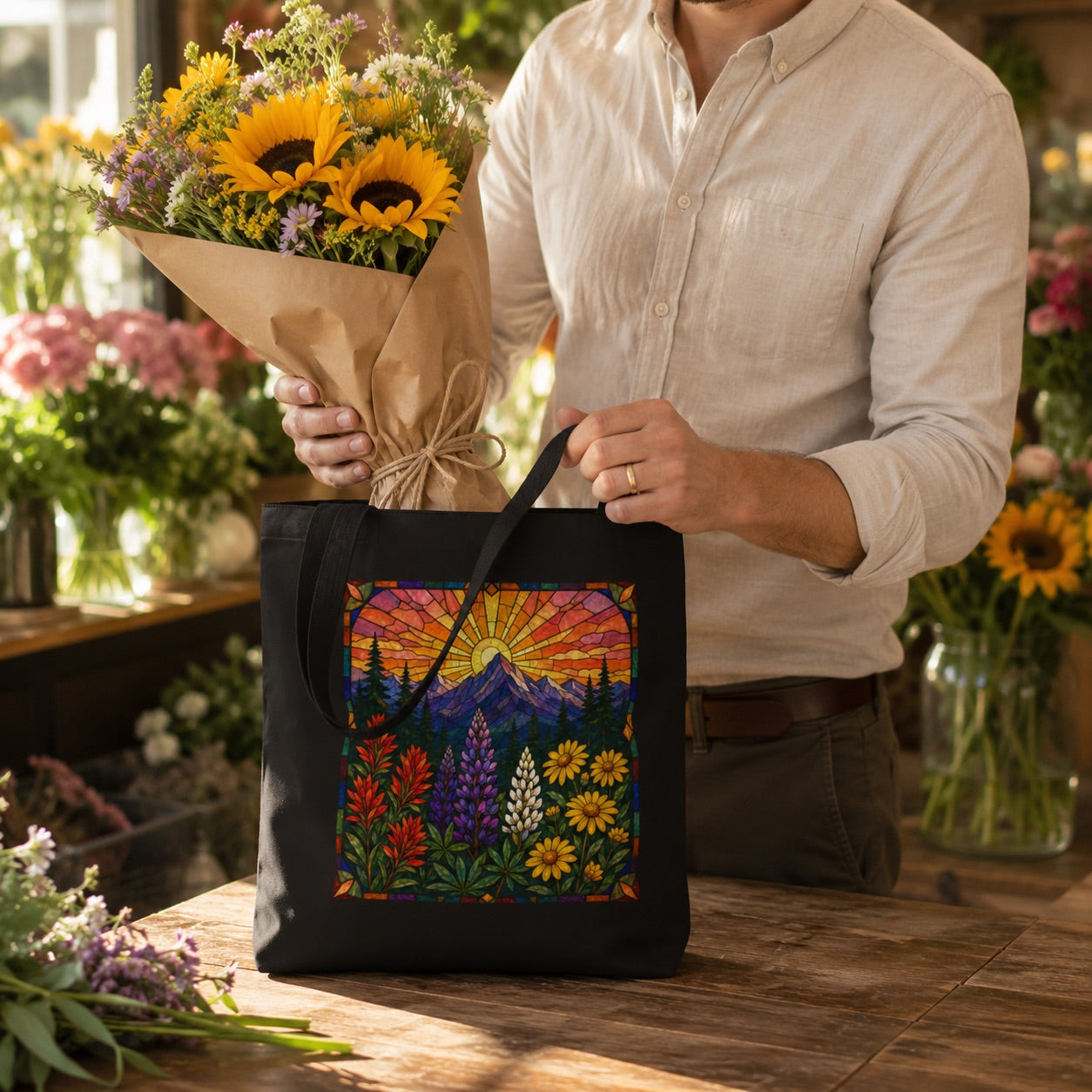 Colorful Stained Glass Floral Sunrise Tote Bag | Line Art Mosaic Style Bag | Eco-Friendly Book Bag | Mountain Theme Canvas Tote