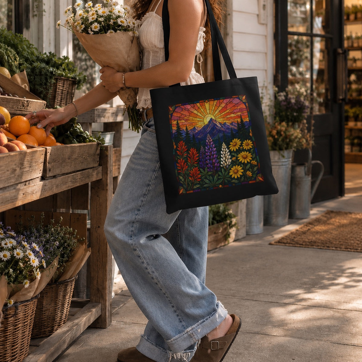 Colorful Stained Glass Floral Sunrise Tote Bag | Line Art Mosaic Style Bag | Eco-Friendly Book Bag | Mountain Theme Canvas Tote