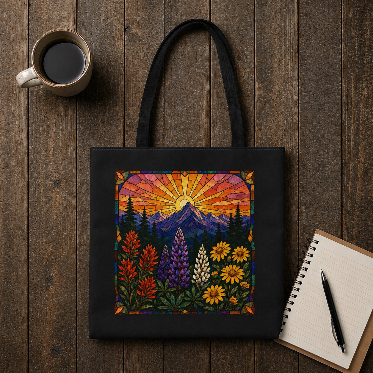 Colorful Stained Glass Floral Sunrise Tote Bag | Line Art Mosaic Style Bag | Eco-Friendly Book Bag | Mountain Theme Canvas Tote