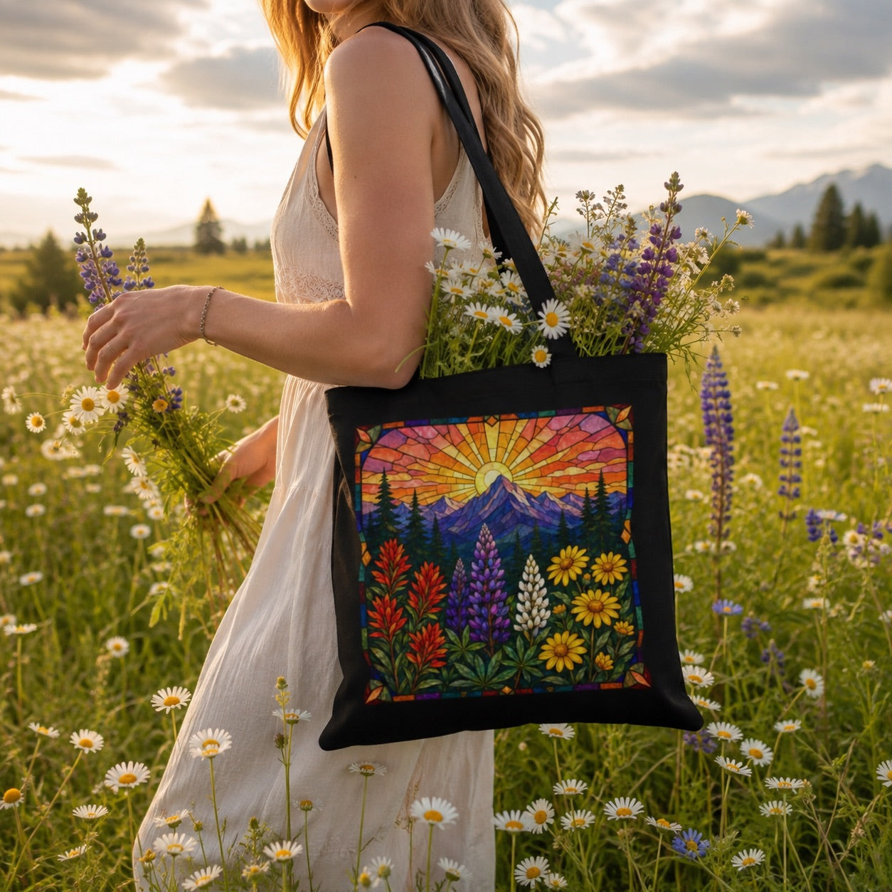 Colorful Stained Glass Floral Sunrise Tote Bag | Line Art Mosaic Style Bag | Eco-Friendly Book Bag | Mountain Theme Canvas Tote