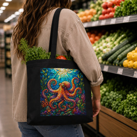 Colorful Intricate Octopus Line Art Tote Bag | Black Canvas Ocean Illustration | Stained Glass Design | Eco Friendly Canvas Bag