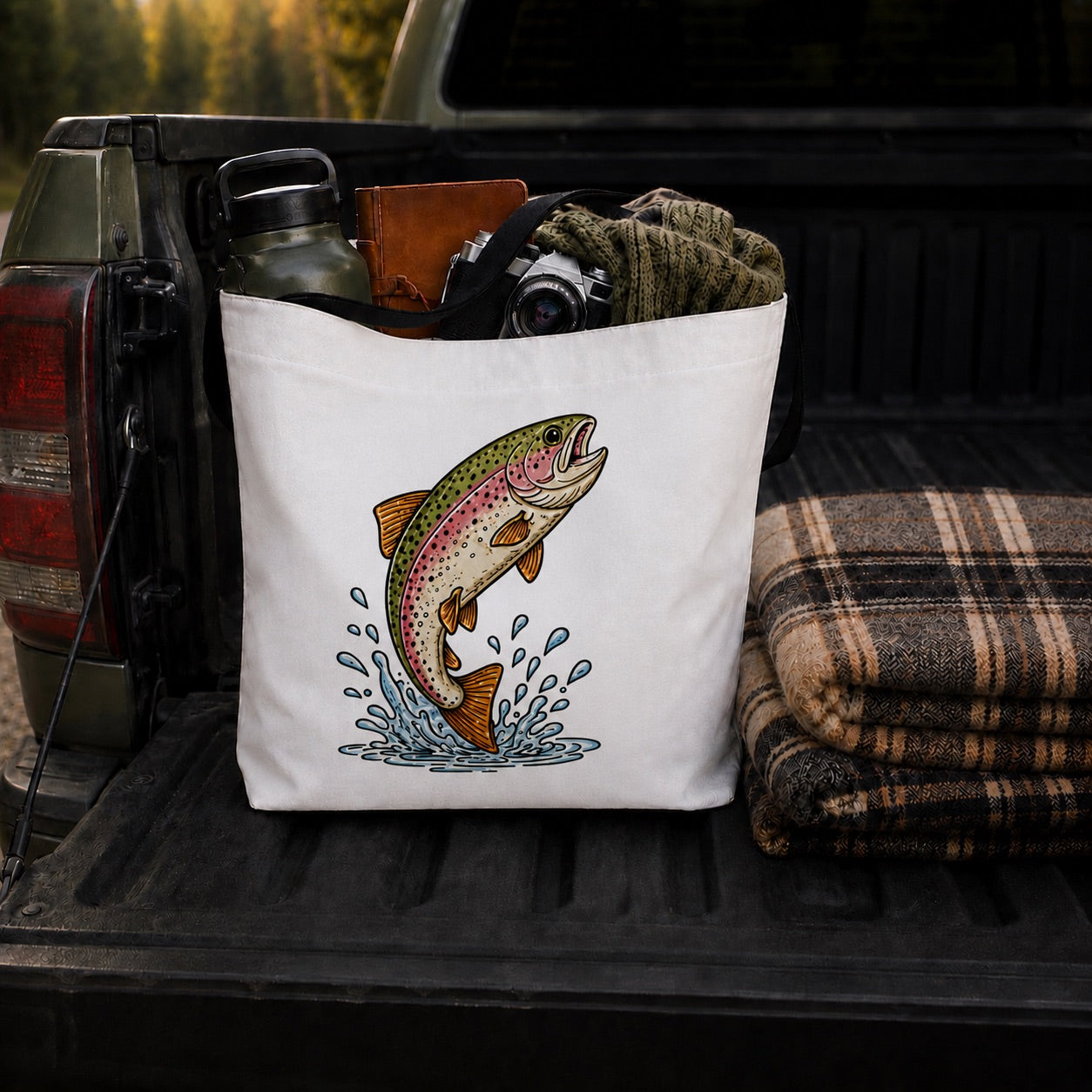 Jumping Trout Tote Bag | Unique Fishing Design | Canvas Fishing Bag | DIY Coloring Tote | Outdoorsy Book Bag