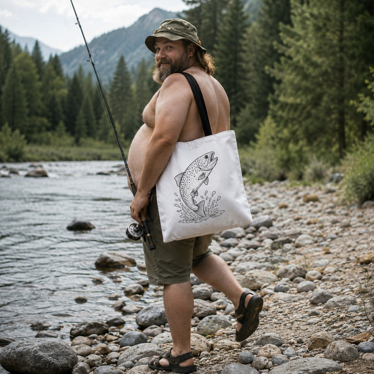 Jumping Trout Tote Bag | Unique Fishing Design | Canvas Fishing Bag | DIY Coloring Tote | Outdoorsy Book Bag