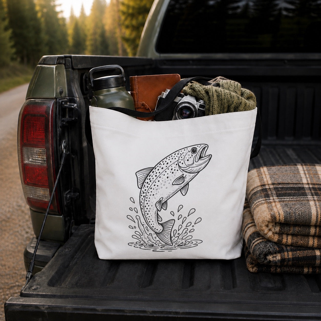 Jumping Trout Tote Bag | Unique Fishing Design | Canvas Fishing Bag | DIY Coloring Tote | Outdoorsy Book Bag