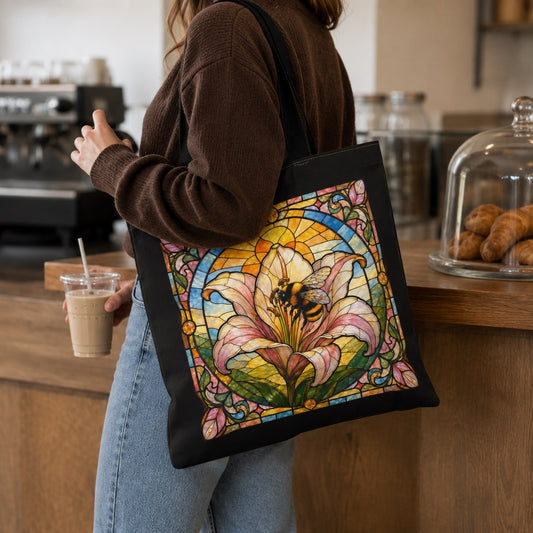 Colorful Art Nouveau Lily And Bee Design Tote Bag | Black Floral Stained Glass Pattern | Boho Eco Friendly Book Bag | Grocery Canvas Tote Bag