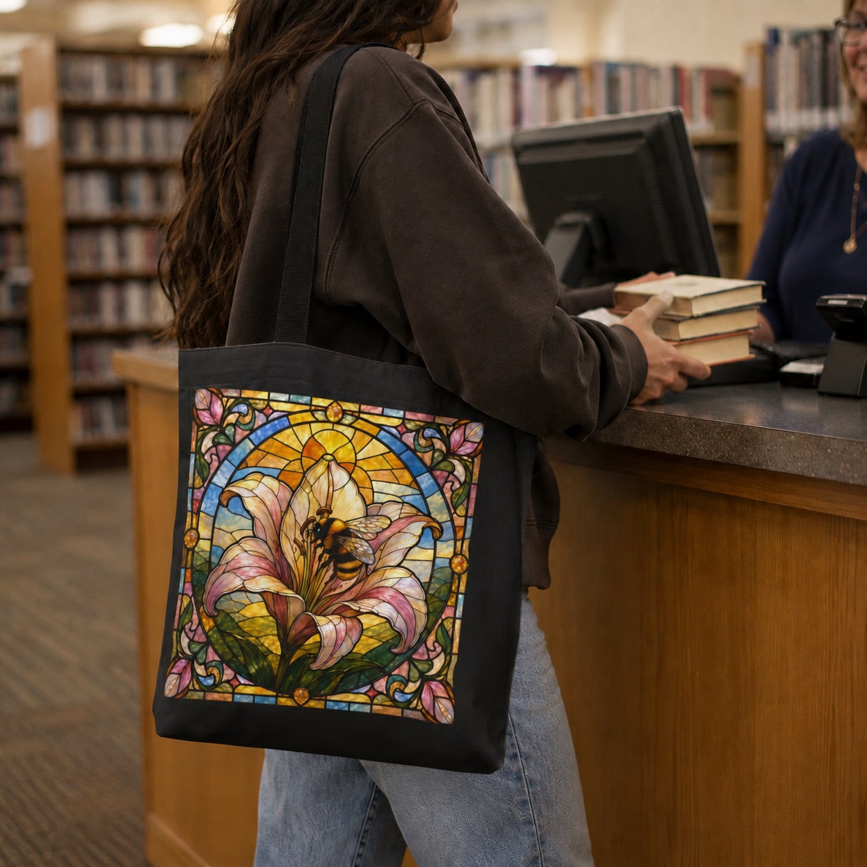 Colorful Art Nouveau Lily And Bee Design Tote Bag | Black Floral Stained Glass Pattern | Boho Eco Friendly Book Bag | Grocery Canvas Tote Bag