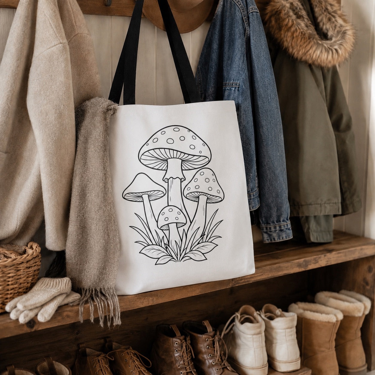 Mushroom Sketch Tote Bag | Botanical Mushroom Illustration | Color It Yourself Tote | DIY Grocery Tote | Boho Style Book Bag