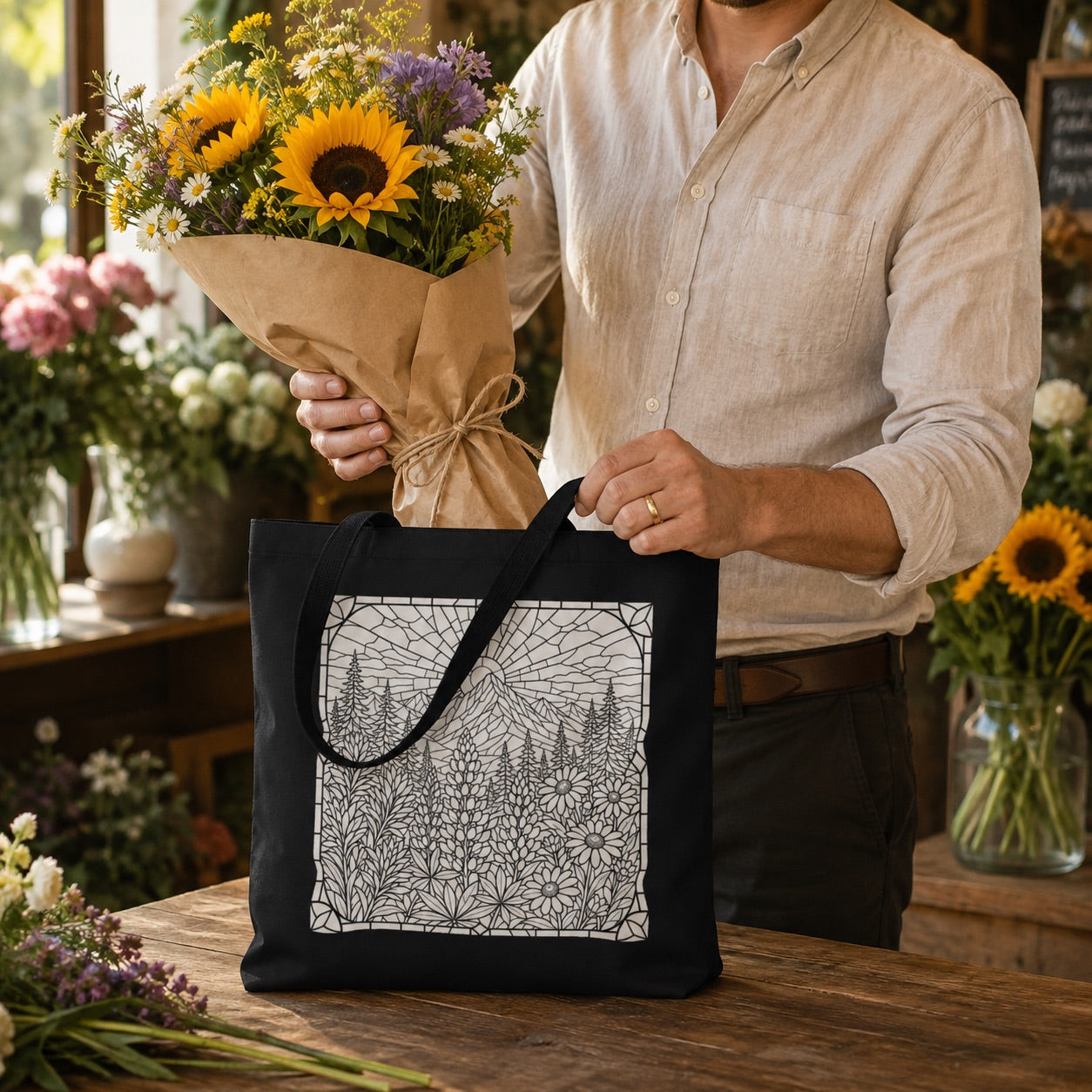 Stained Glass Floral Sunrise Tote Bag | Line Art Coloring Style Bag | DIY Coloring Book Bag | Paint Party Bags | Mountain Theme