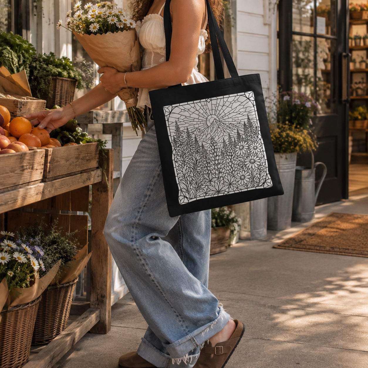 Stained Glass Floral Sunrise Tote Bag | Line Art Coloring Style Bag | DIY Coloring Book Bag | Paint Party Bags | Mountain Theme