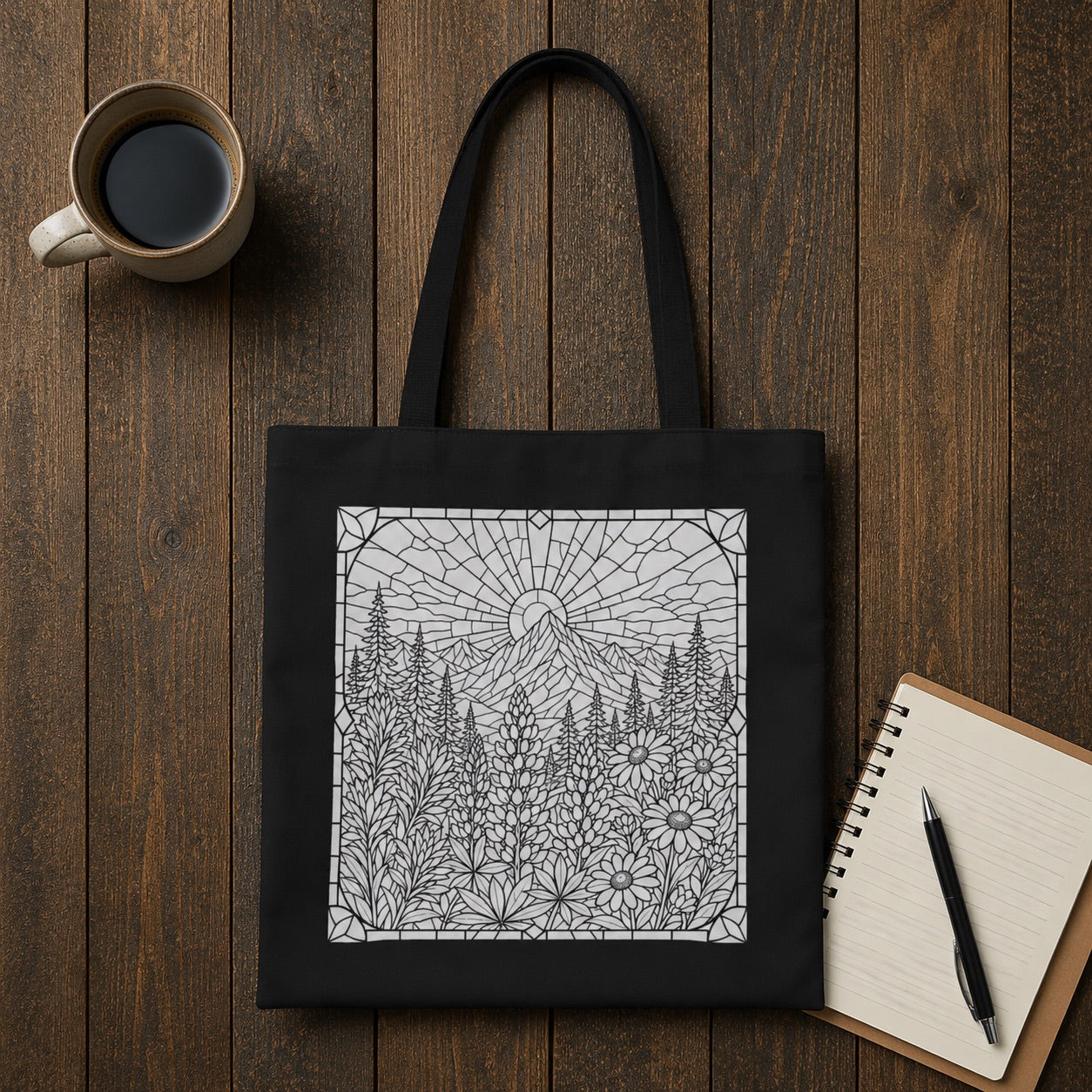 Stained Glass Floral Sunrise Tote Bag | Line Art Coloring Style Bag | DIY Coloring Book Bag | Paint Party Bags | Mountain Theme