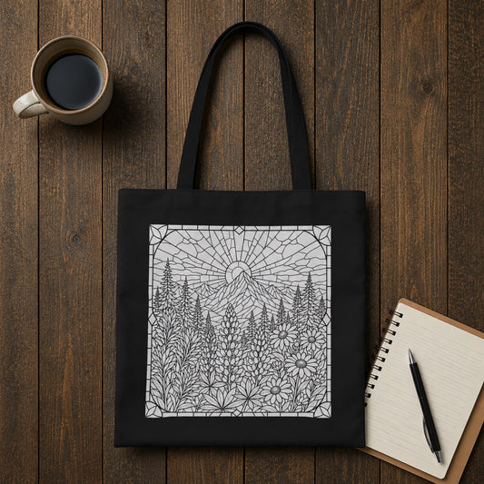 Stained Glass Floral Sunrise Tote Bag | Line Art Coloring Style Bag | DIY Coloring Book Bag | Paint Party Bags | Mountain Theme