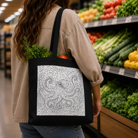 Intricate Octopus Line Art Tote Bag | Black Canvas Ocean Illustration | Stained Glass Coloring Design | Paint Party Tote Bags