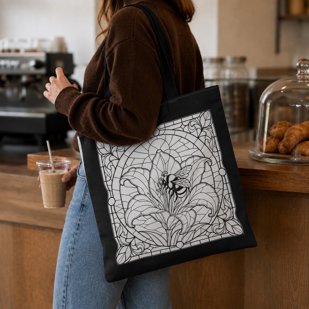 Art Nouveau Lily And Bee Color Your Own Tote Bag | Black Floral Stained Glass Pattern | Boho Eco Friendly Book Bag | Paint Party Canvas Tote Bags