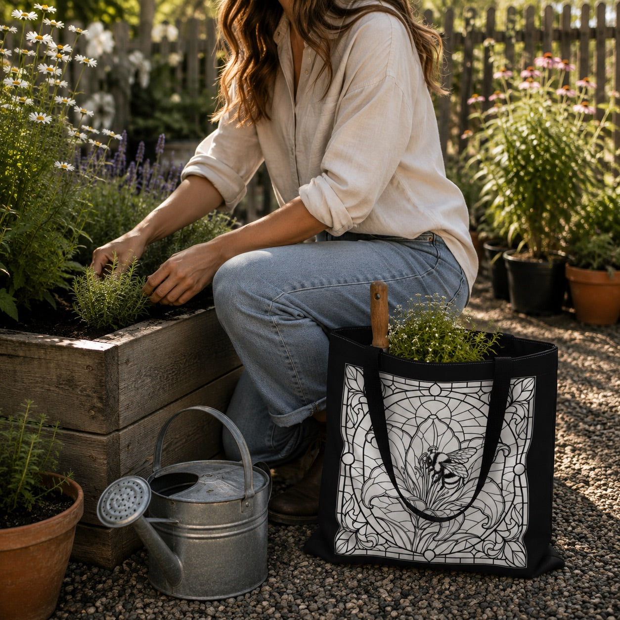 Art Nouveau Lily And Bee Color Your Own Tote Bag | Black Floral Stained Glass Pattern | Boho Eco Friendly Book Bag | Paint Party Canvas Tote Bags