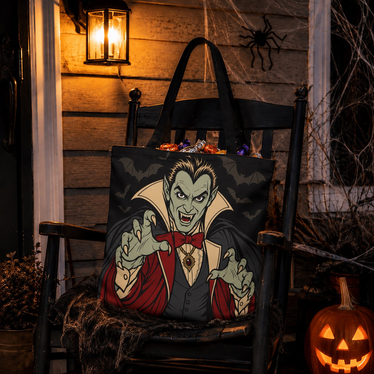 Vampire Halloween Canvas Tote Bag | Trick or Treat Candy Halloween Party Tote | Goth Fall Reusable Book Bag | Vintage Monster Collection