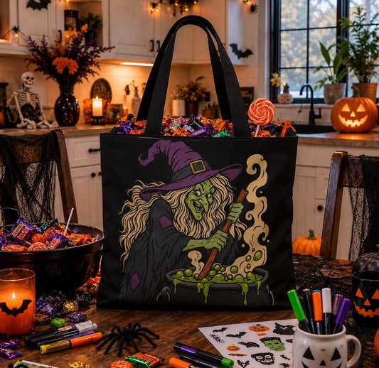 Vintage Witch And Cauldron Candy Bag | Trick Or Treat Tote Bag | Goth Fall Decor | Halloween Party Accessory | Vintage Monster Collection