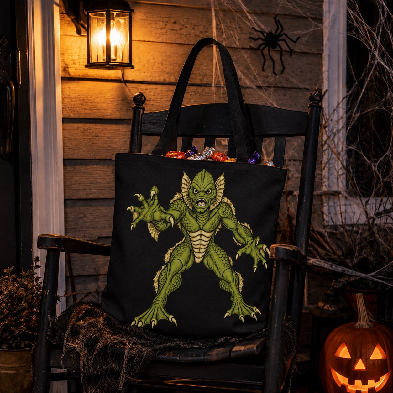 Vintage Swamp Creature Halloween Canvas Tote Bag | Trick Or Treat Candy Bag | Retro Goth Fall Accessory | Vintage Monster Collection