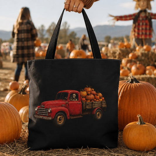 Vintage Red Truck And Skeleton Halloween Canvas Tote Bag | Gothic Fall Decor Accessory | Eco-Friendly Autumn Book And Grocery Tote Bag