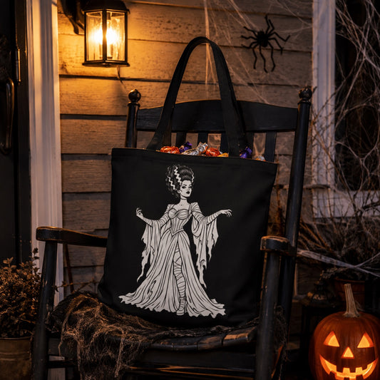 Color Your Own Halloween Canvas Tote Bag | Vintage Frankenstein's Bride Trick Or Treat Candy Tote | Vintage Monster Collection