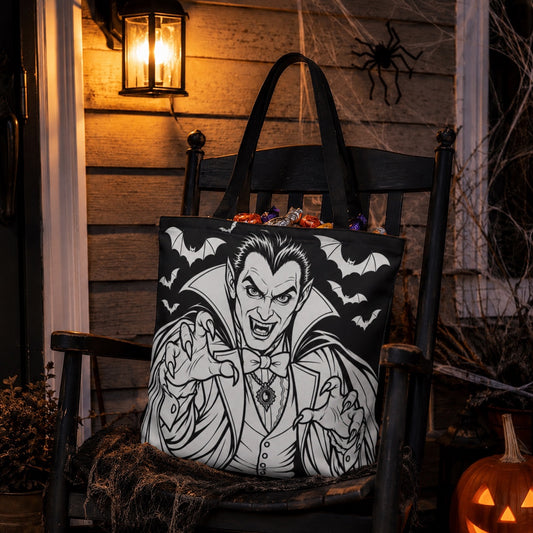 Color Your Own Halloween Canvas Tote Bag | Vampire Trick Or Treat Candy Tote | Goth Fall Party Accessory | Vintage Monster Collection