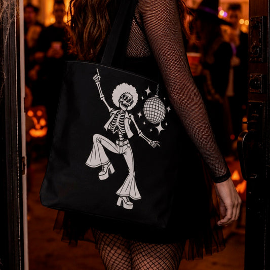 Color Your Own Halloween Canvas Tote Bag | Disco Skeleton Bag Party Accessory | Trick Or Treat Candy Tote Bag | Vintage Monster Collection