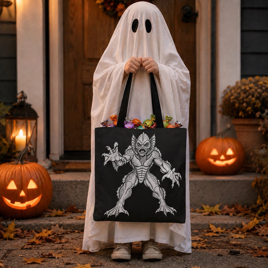 Color Your Own Halloween Canvas Tote Bag | Swamp Creature Horror Gift | Halloween Candy Trick Or Treat Bag | Vintage Monster Collection