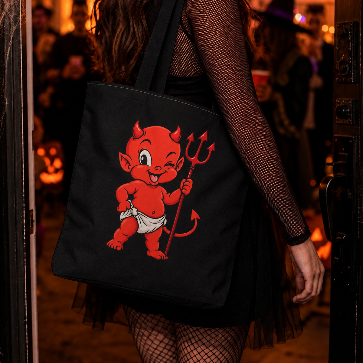 Kids Baby Devil Canvas Tote Bag | Halloween Candy Trick Or Treat Bag | Halloween Costume Accessory | Red Baby Devil And Pitchfork