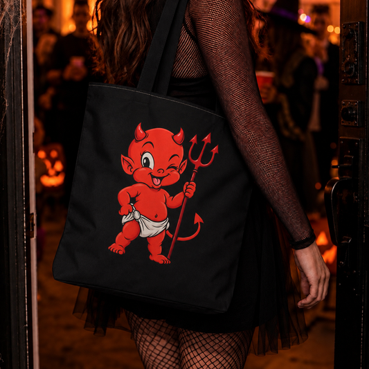 Kids Baby Devil Canvas Tote Bag | Halloween Candy Trick Or Treat Bag | Halloween Costume Accessory | Red Baby Devil And Pitchfork