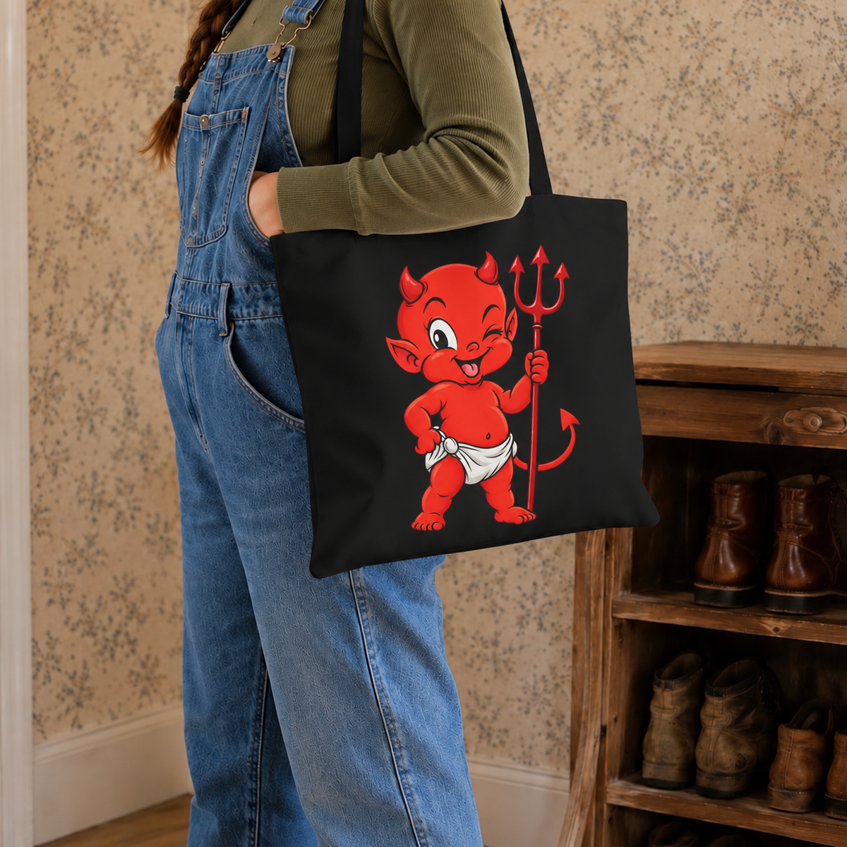 Kids Baby Devil Canvas Tote Bag | Halloween Candy Trick Or Treat Bag | Halloween Costume Accessory | Red Baby Devil And Pitchfork