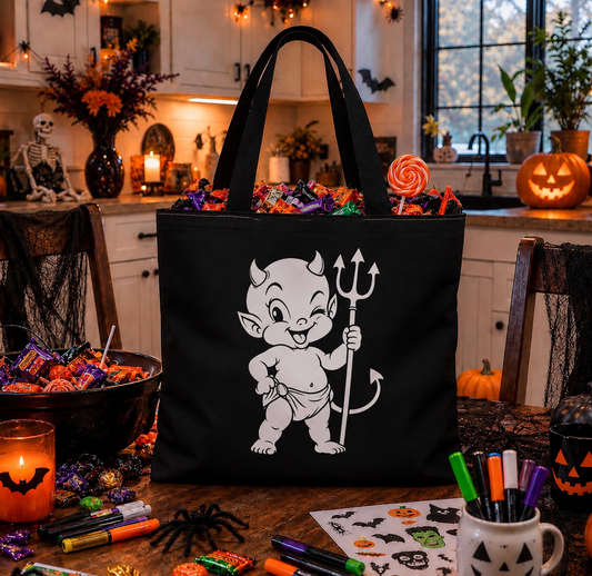 Color Your Own Baby Devil Kids Canvas Tote Bag | Halloween Candy Trick Or Treat Bag | Kids Paint Party Supplies | Baby Devil And Pitchfork