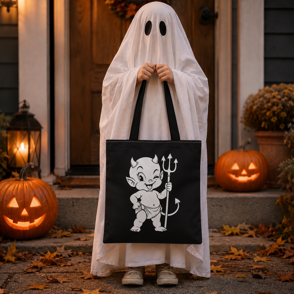 Color Your Own Baby Devil Kids Canvas Tote Bag | Halloween Candy Trick Or Treat Bag | Kids Paint Party Supplies | Baby Devil And Pitchfork