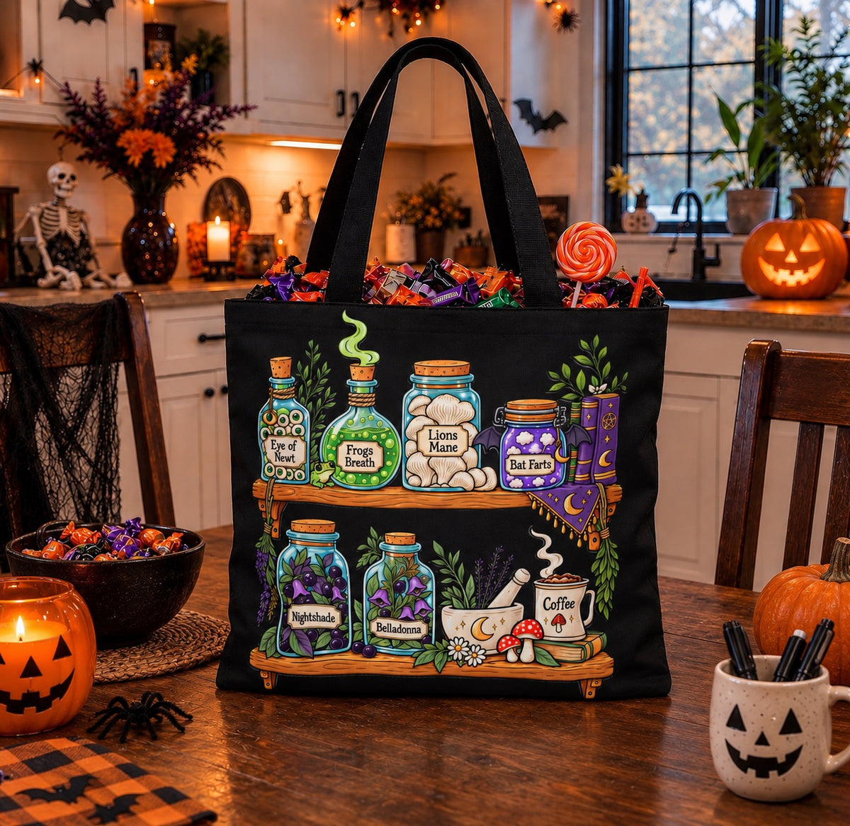 Herbal Apothecary Witch's Canvas Tote Bag | Halloween Candy Trick Or Treat Bag | Kid's Potions Bag For Halloween Costume