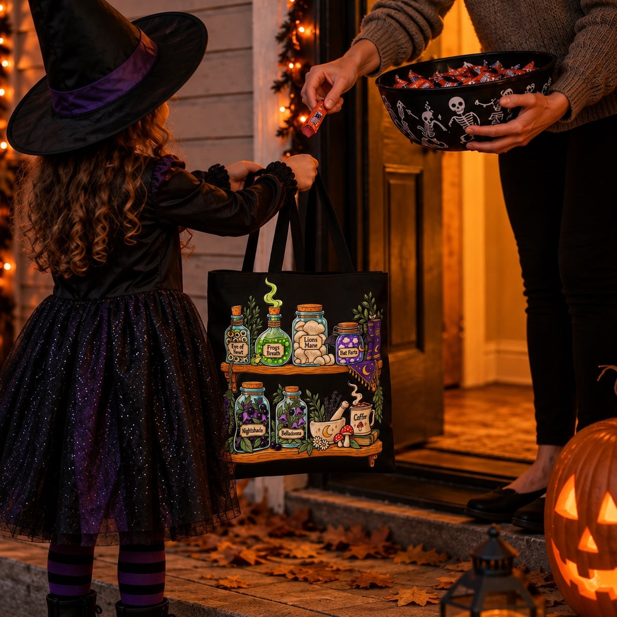 Herbal Apothecary Witch's Canvas Tote Bag | Halloween Candy Trick Or Treat Bag | Kid's Potions Bag For Halloween Costume