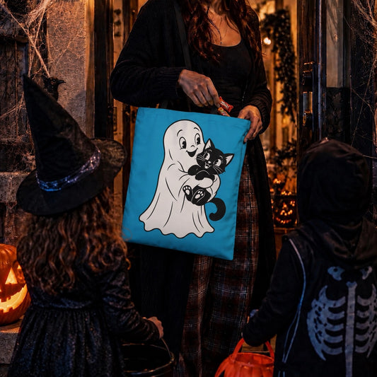 Color Your Own Ghost And Cat Canvas Tote Bag | Halloween Candy Trick Or Treat Bag | Spooky Paint Party Supplies | Vintage Monster Collection