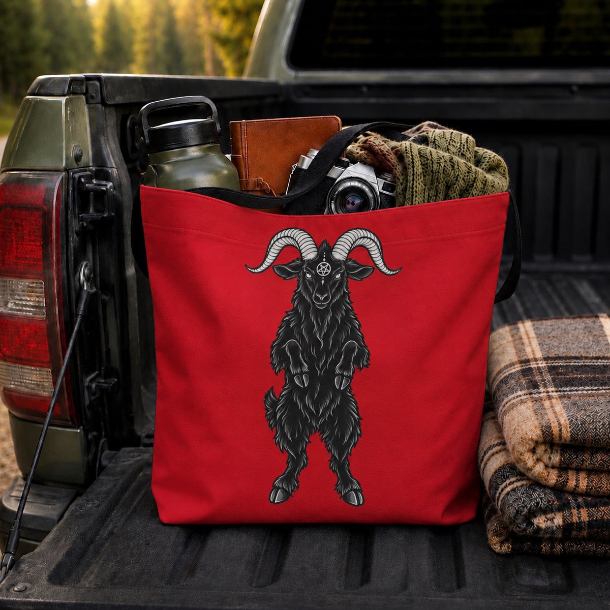 Satanic Goat Canvas Tote Bag | Halloween Candy Trick Or Treat Bag | Halloween Party Costume Accessory | Vintage Monster Collection