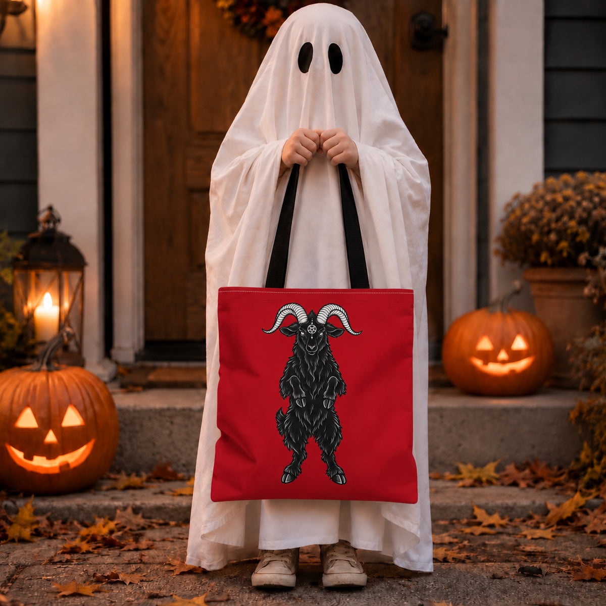 Satanic Goat Canvas Tote Bag | Halloween Candy Trick Or Treat Bag | Halloween Party Costume Accessory | Vintage Monster Collection