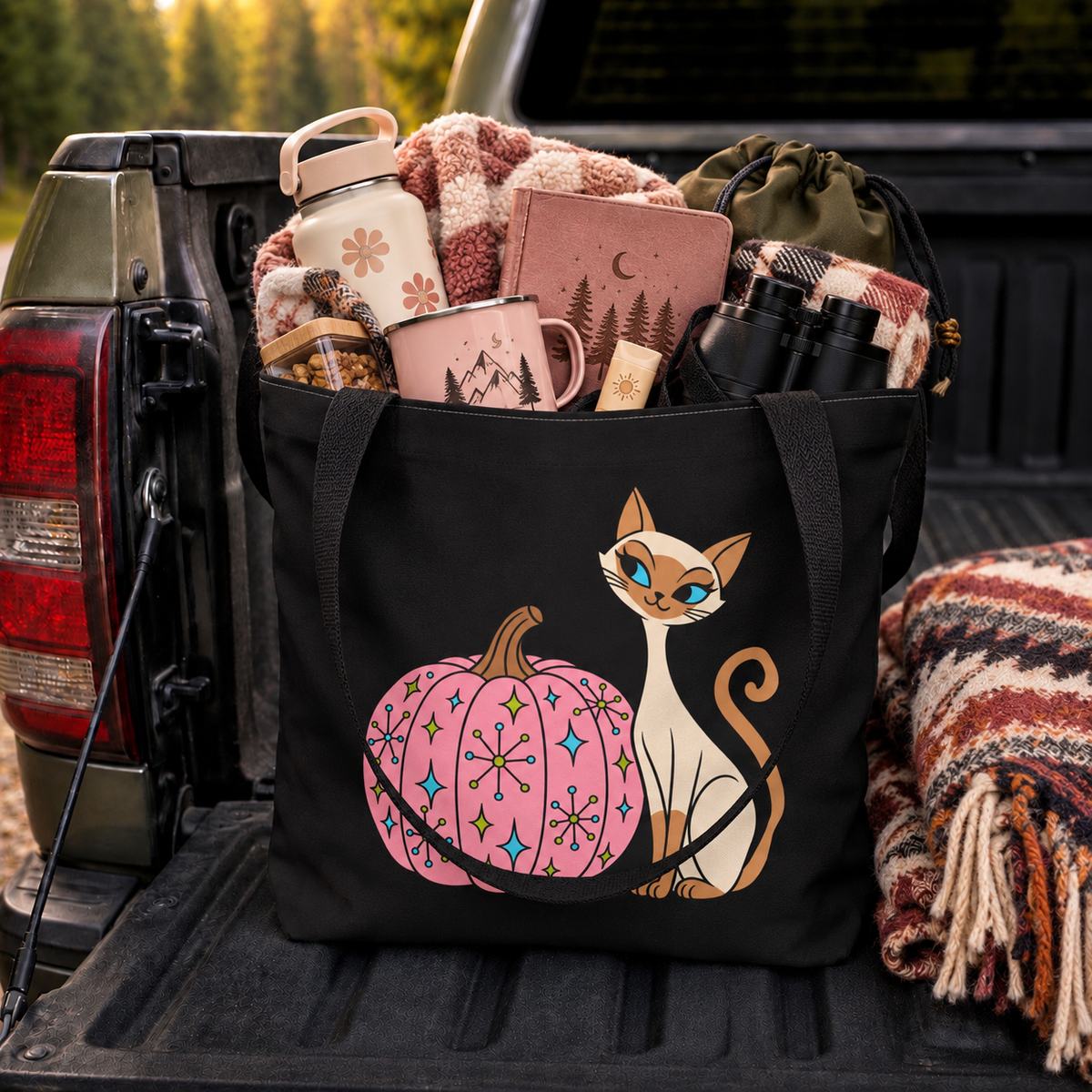 Mid Century Pink Pumpkin and Siamese Cat Canvas Tote Bag | Halloween Candy Trick Or Treat Bag | Halloween Autumn Costume Accessory