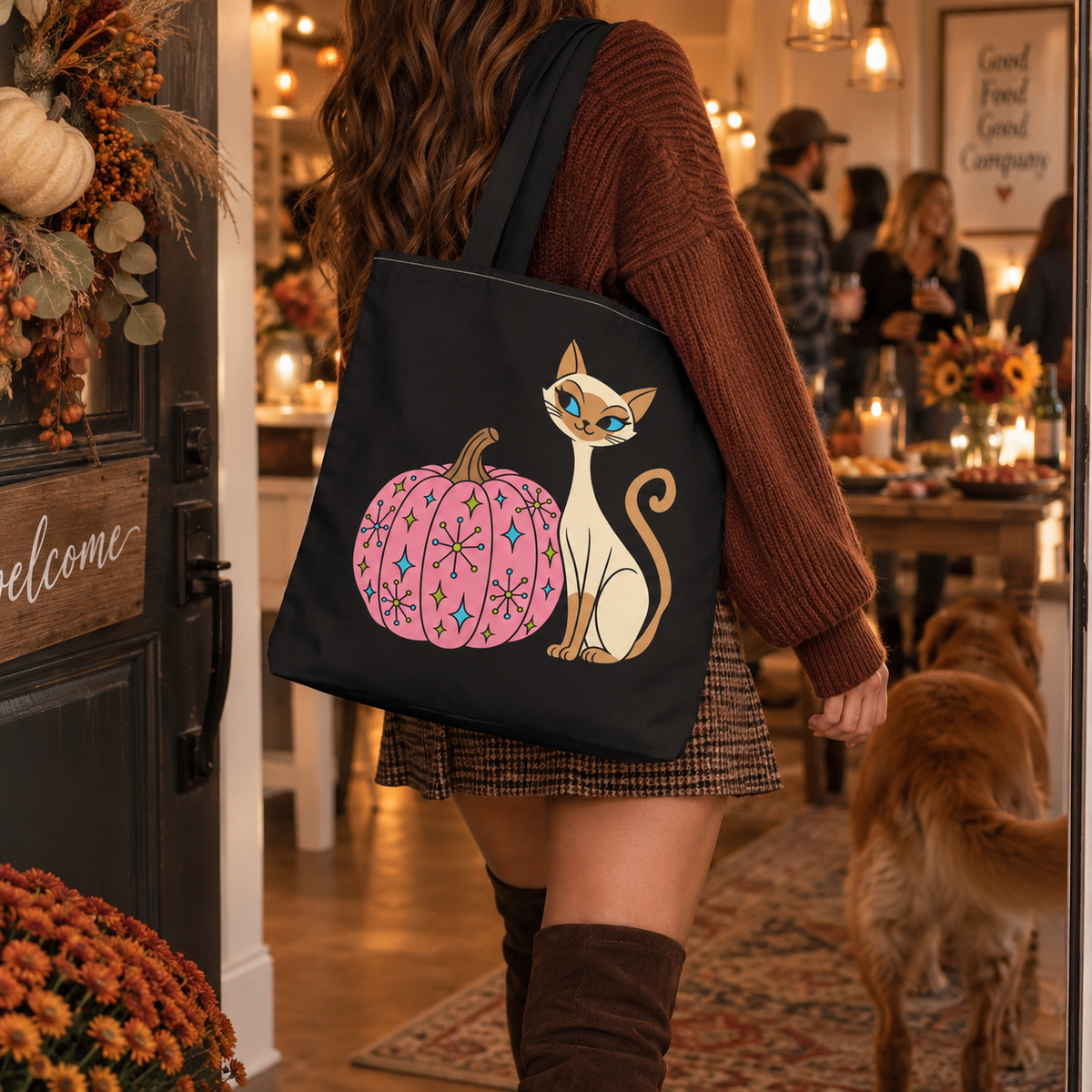 Mid Century Pink Pumpkin and Siamese Cat Canvas Tote Bag | Halloween Candy Trick Or Treat Bag | Halloween Autumn Costume Accessory