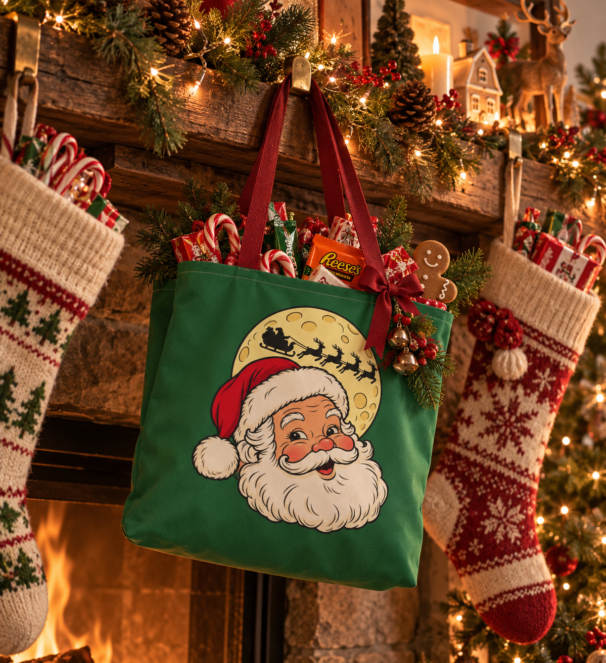 Santa Claus And Reindeer Sleigh Christmas Canvas Tote Bag | Festive Holiday Gift Bag | Eco Friendly Over The Shoulder Christmas Shopping Bag