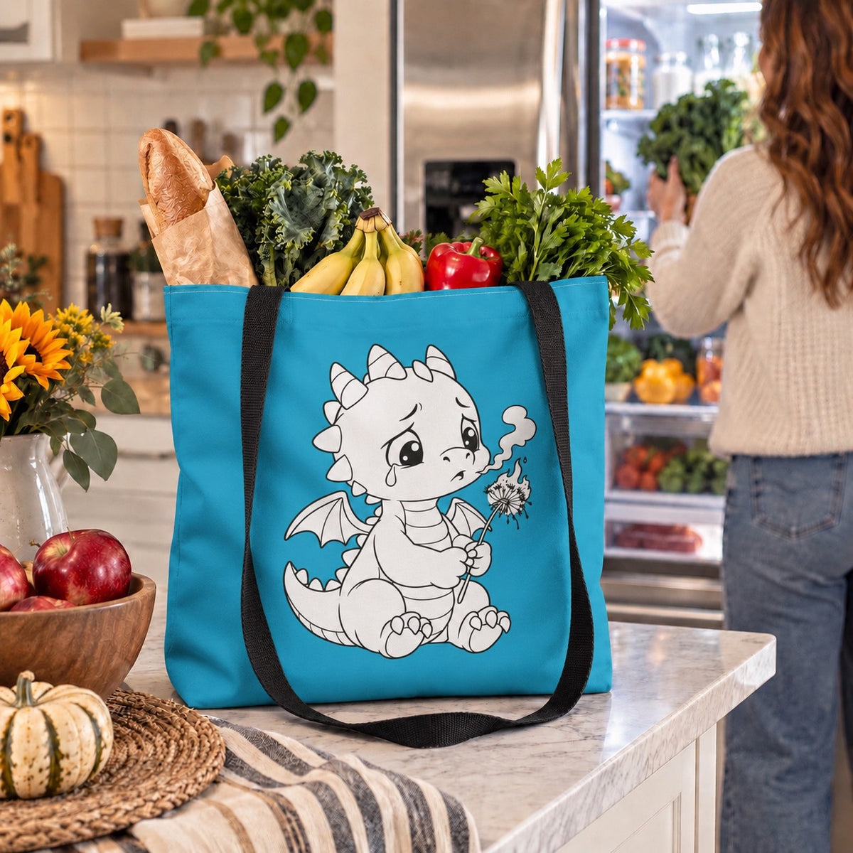 Color Your Own Baby Dragon And Dandelion Blue Canvas Tote Bag | Halloween Candy Trick Or Treat Bag | Kids Halloween Costume Accessory