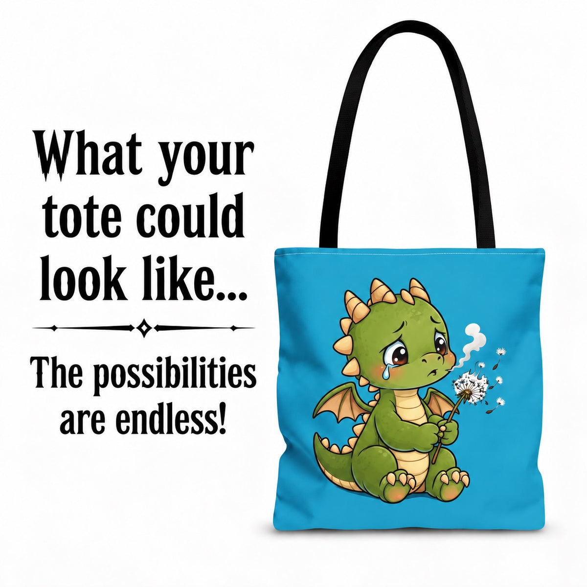 Color Your Own Baby Dragon And Dandelion Blue Canvas Tote Bag | Halloween Candy Trick Or Treat Bag | Kids Halloween Costume Accessory